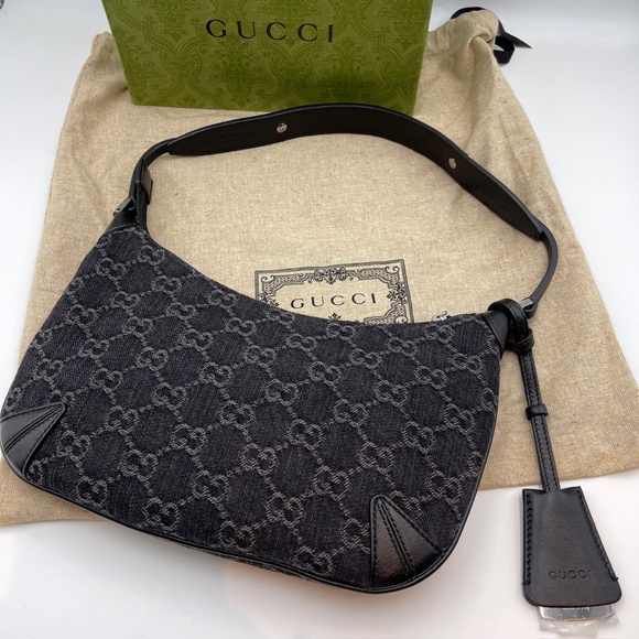 NEW GUCCI Jacquard Black Denim GG Monogram silver Horsebit Shoulder Bag Black - Picture 2 of 16